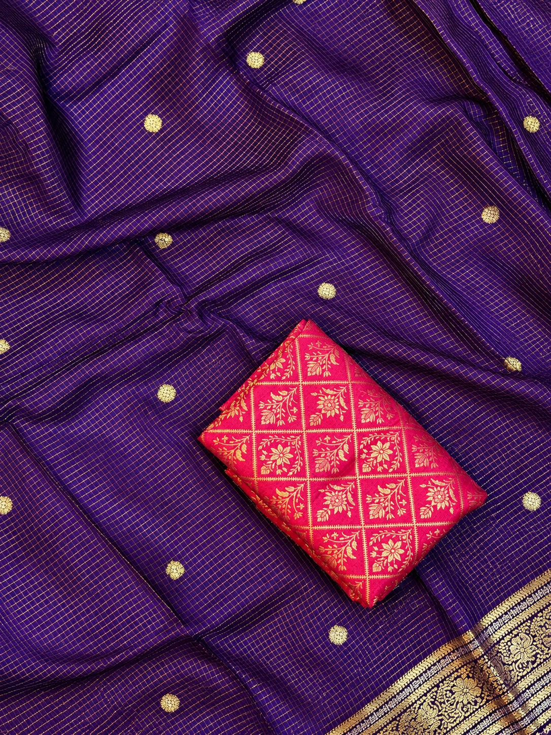Viscose Mangalgiri Saree Royal Purple – draped view with rich red blouse piece