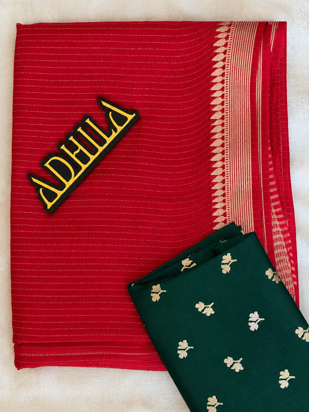Viscose Crape Butta Saree Ruby Red – with deep green blouse