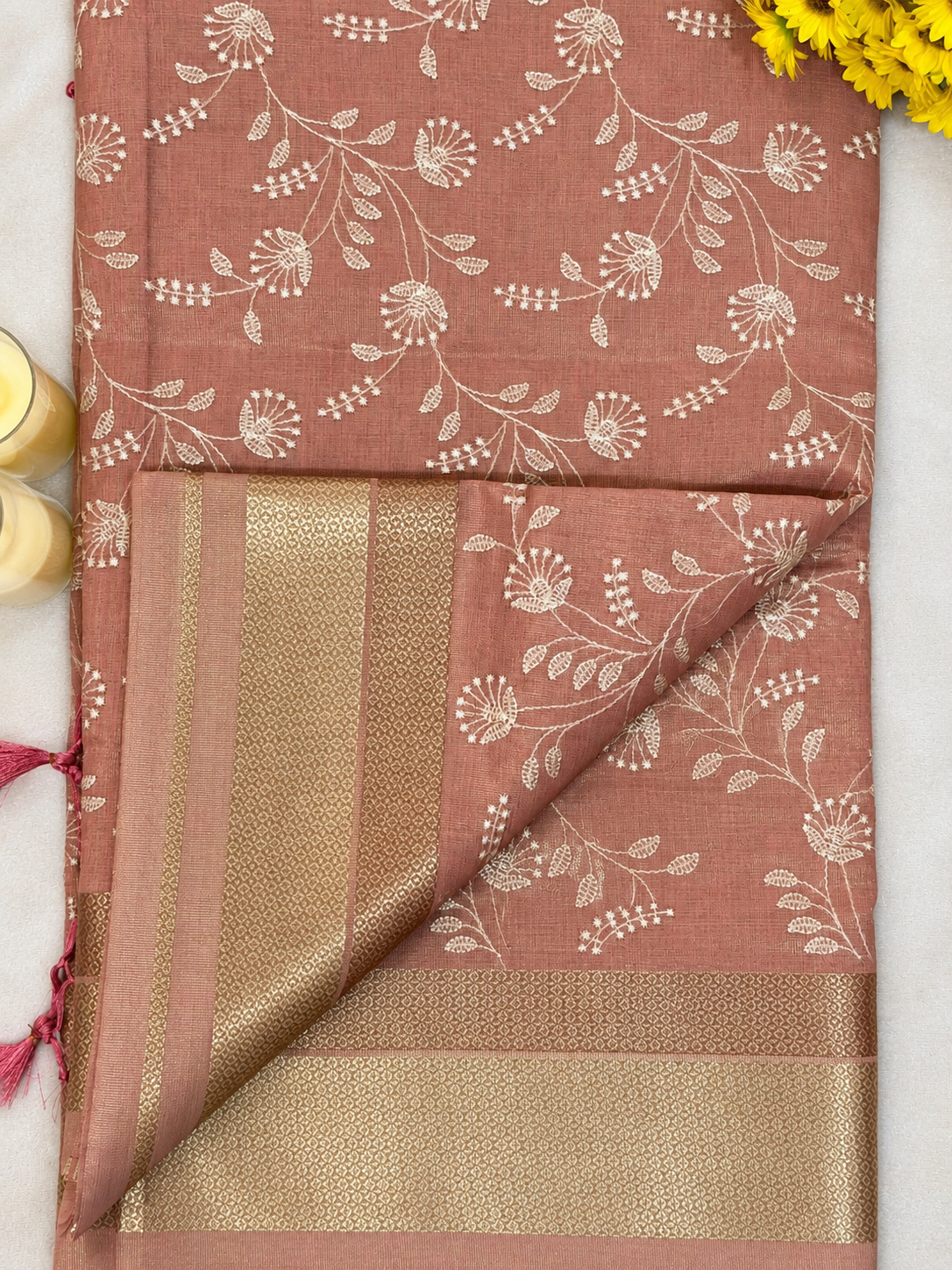 Dusty Rose Pink Floral Tissue Saree – unfolded view showing zari border detail