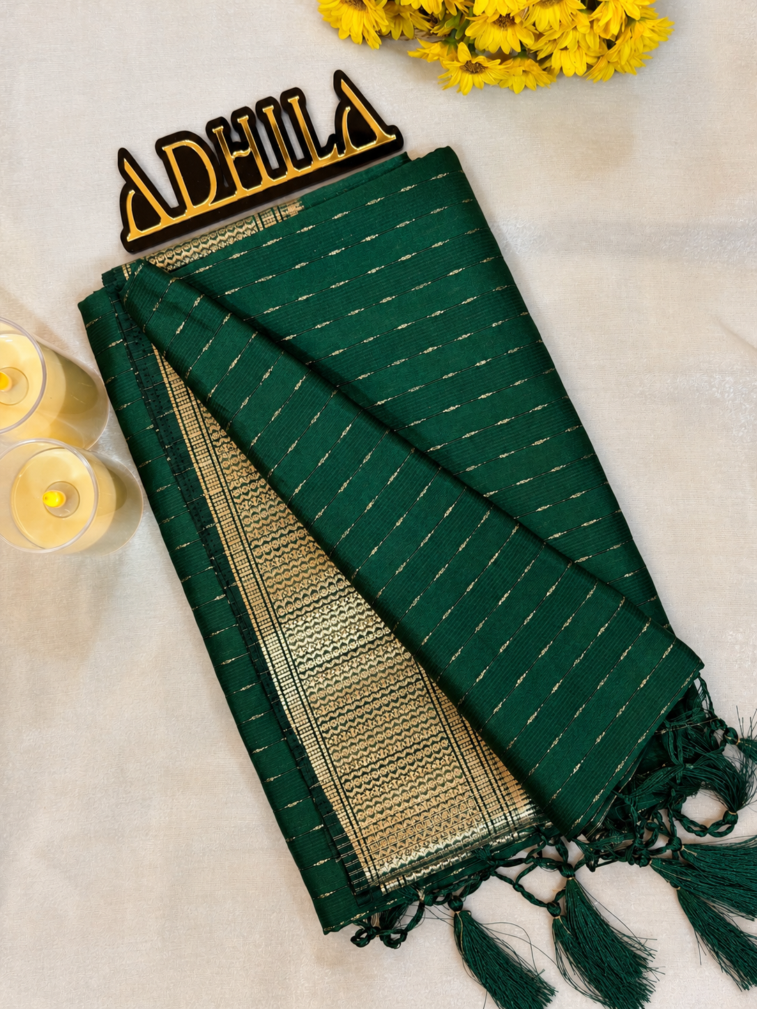 Emerald Green Dola H/O Slub Saree with Chex Satin Border and tassel detailing