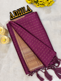 Wine Purple Dola H/O Slub Saree with Chex Satin Border and tassel detailing