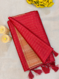 Rich Crimson Red Dola H/O Slub Saree with gold zari stripes, Chex Satin Border and matching red tassels