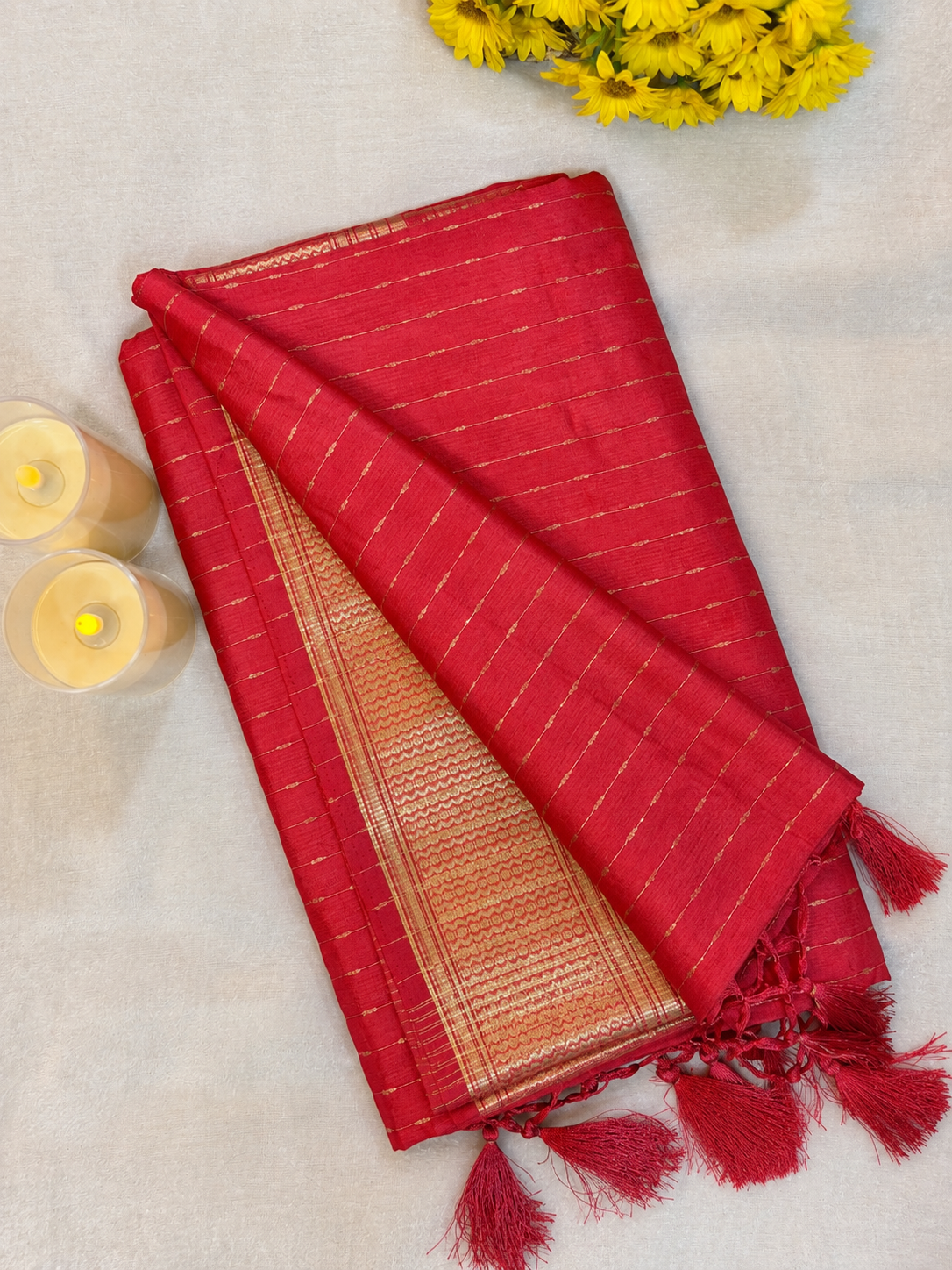 Rich Crimson Red Dola H/O Slub Saree with gold zari stripes, Chex Satin Border and matching red tassels