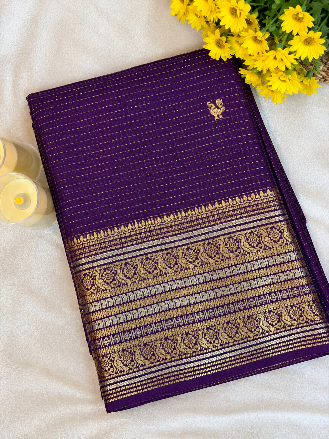 Viscose Mangalgiri Saree Royal Purple – folded view showing zari check body and woven border