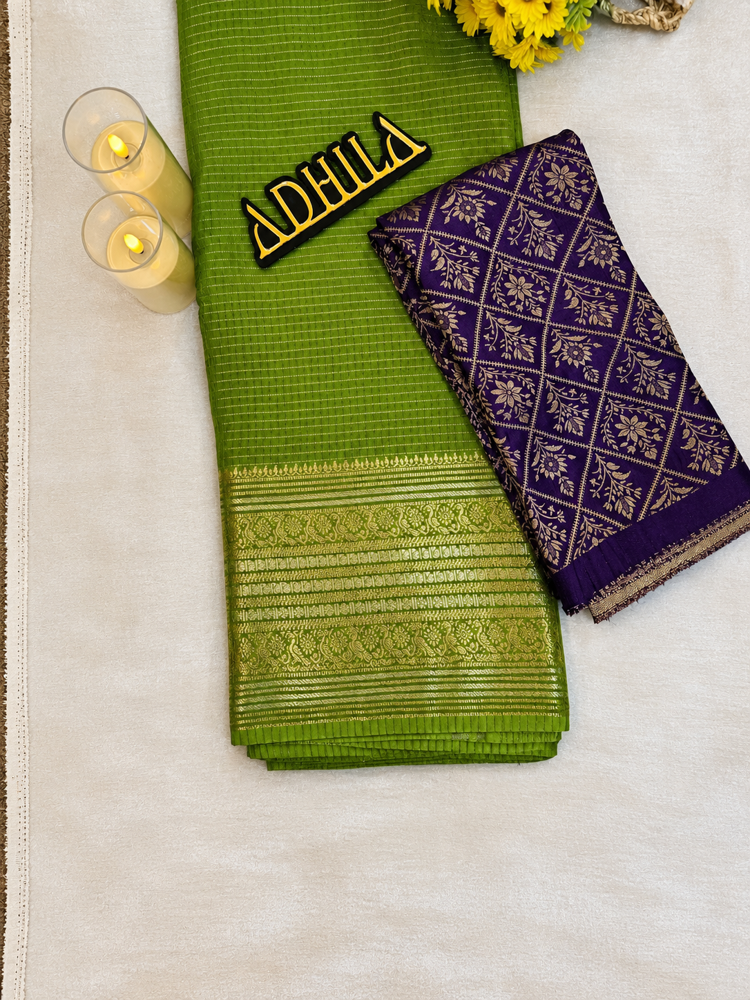 Viscose Mangalgiri Saree Olive Green – with deep purple blouse piece