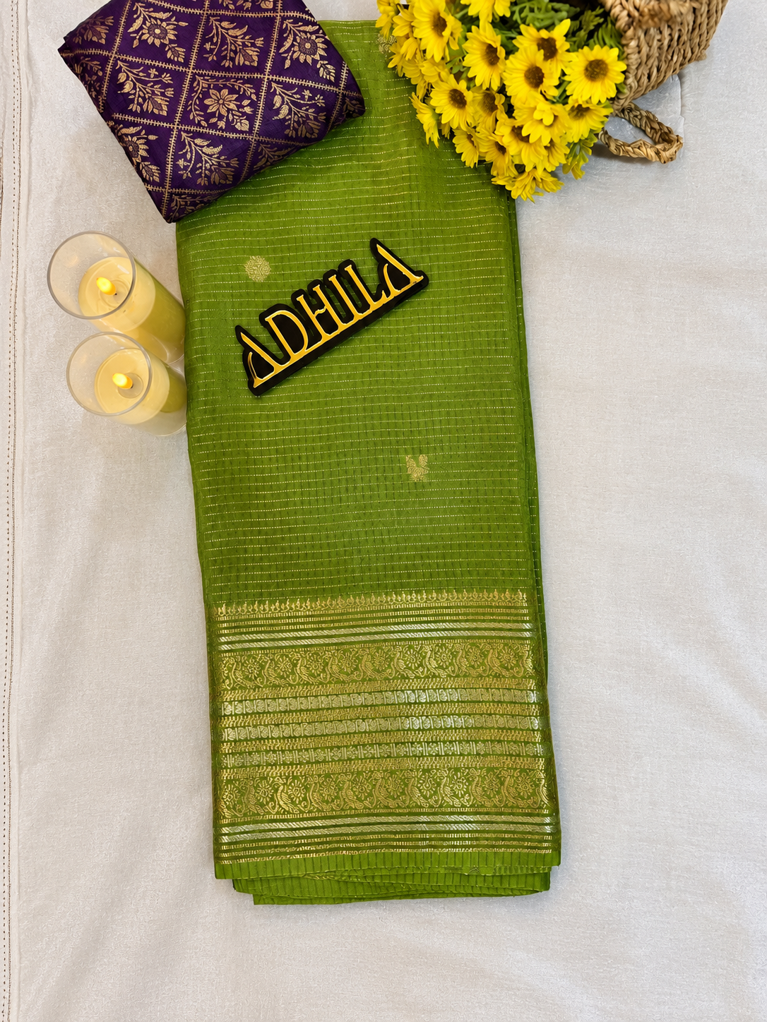 Viscose Mangalgiri Saree Olive Green – top view showing full saree with purple blouse